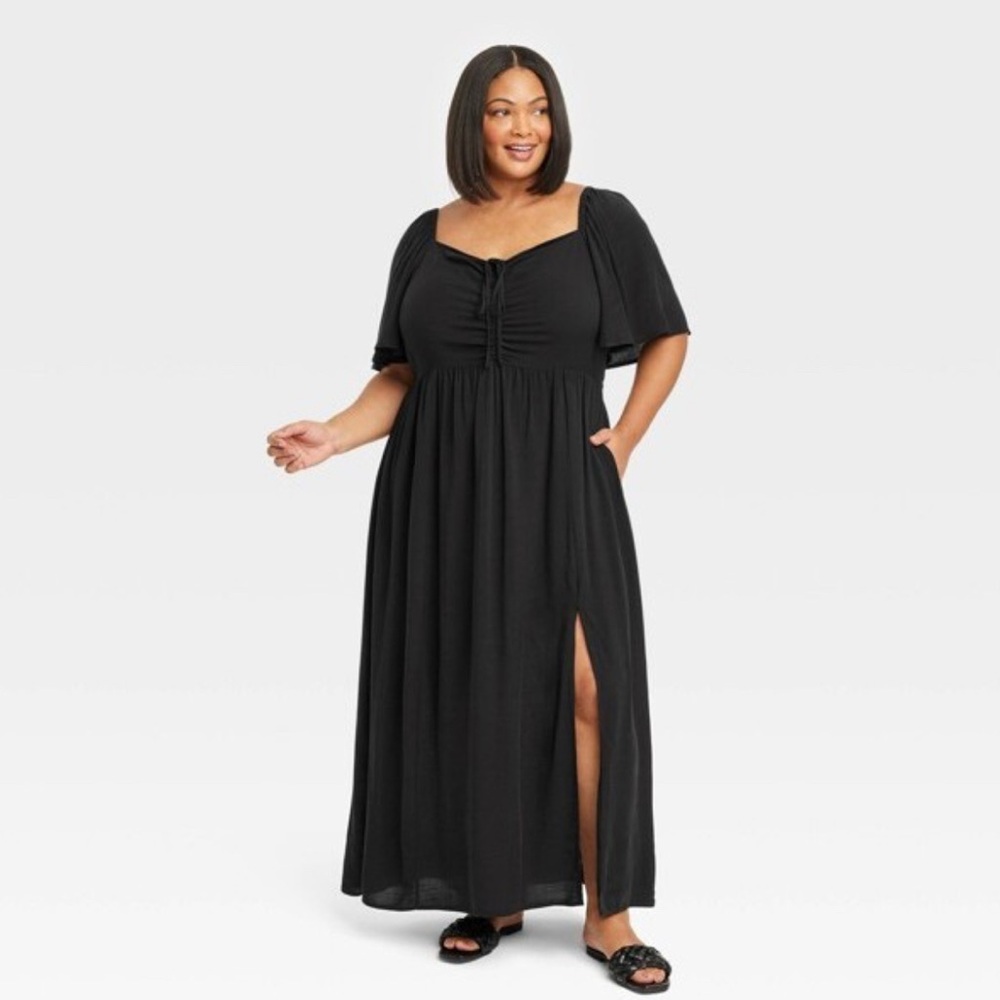 Ava & Viv Black Slit Sundress with Flutter Sleeves